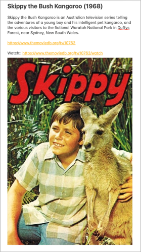 Auto-generated description: A young boy sits next to a kangaroo with red text that reads Skippy above them.