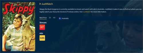Auto-generated description: A poster for Skippy featuring a young boy with a kangaroo is shown alongside streaming and advertisement information for viewing in Australia on JustWatch.